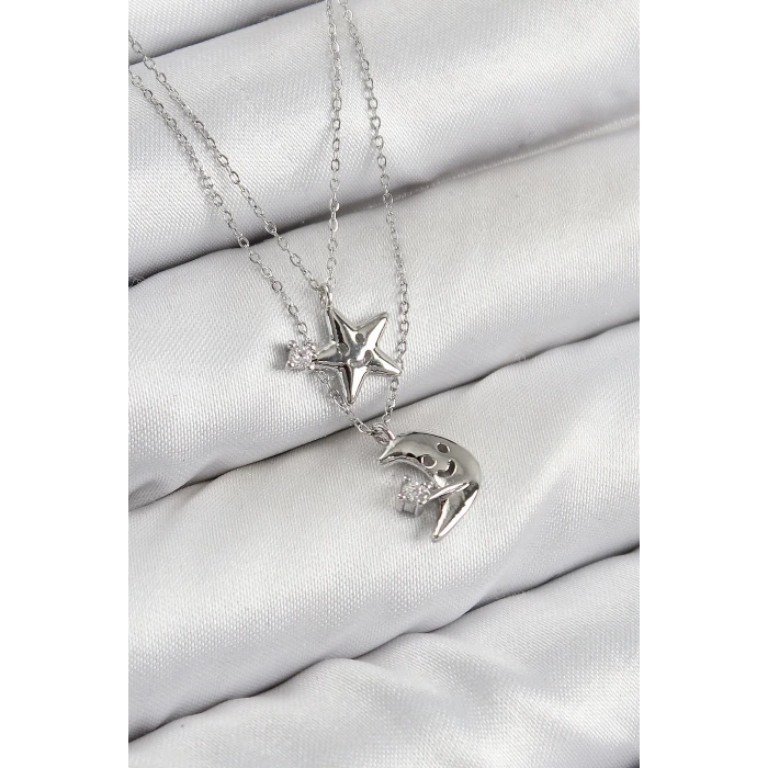 Pirinç Zirkon Taşlı Yıldız Ve Ay Model Gümüş Renk Kadın Kolye