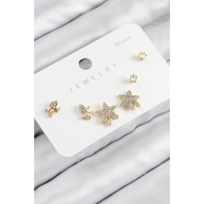 Pirinç Zirkon Taşlı Yıldız Ve Gül Model Gold Renk 925 Ayar Gümüş Çivi Kadın Küpe Set