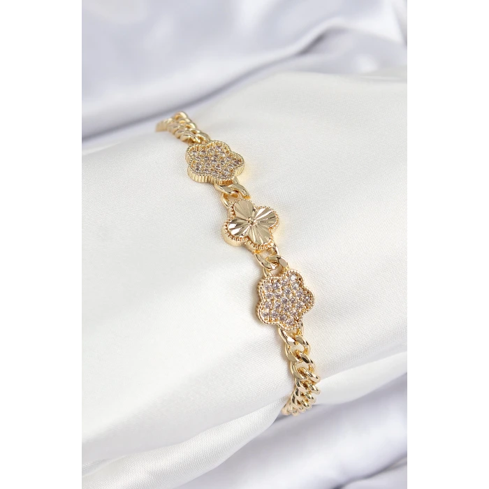 Pirinç Zirkon Taşlı Yonca Model Gold Renk Kadın Bileklik