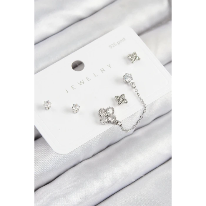 Pirinç Zirkon Taşlı Yonca Model Gümüş Renk 925 Ayar Gümüş Çivi Kadın Küpe Set