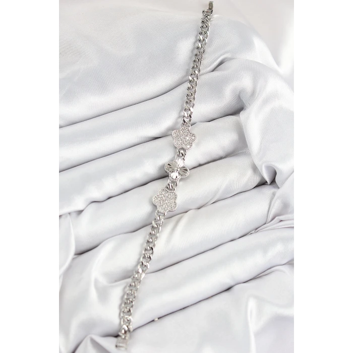 Pirinç Zirkon Taşlı Yonca Model Gümüş Renk Kadın Bileklik