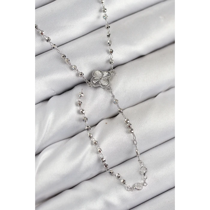 Pirinç Zirkon Taşlı Yonca Model Gümüş Renk Kadın Y Kolye