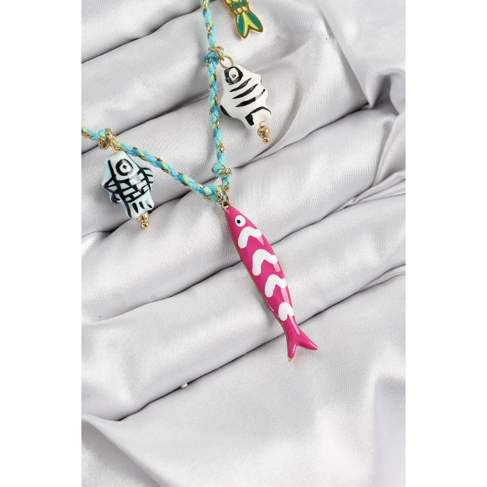 Seramik Motifli Pembe Balık Figürlü Model Mavi İp Kadın Kolye