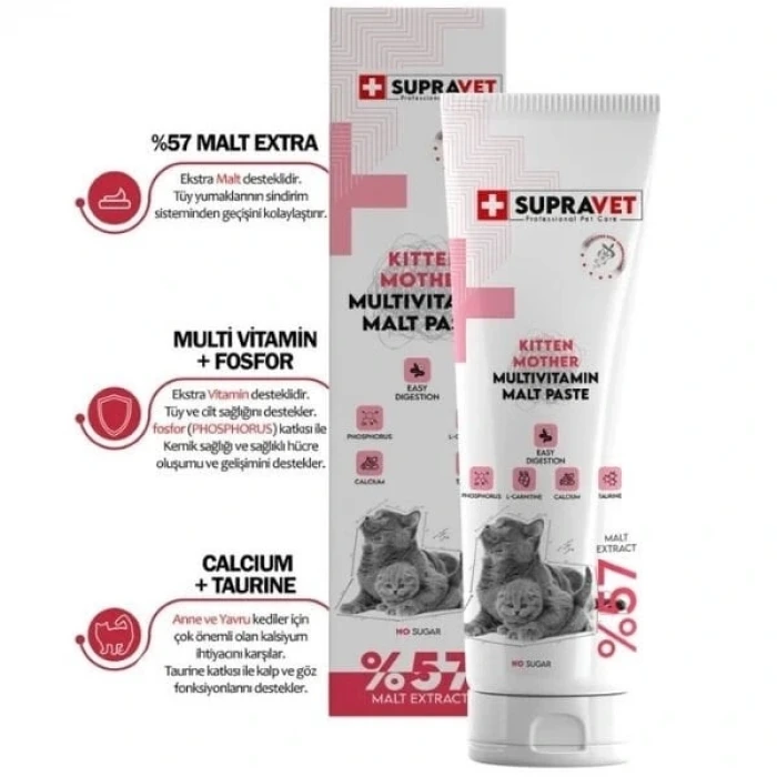 Supravet Kalsiyum ve Taurinli Hamile ve Yavru Kediler için Multi Vitamin Kedi Malt Macunu 30 Gr