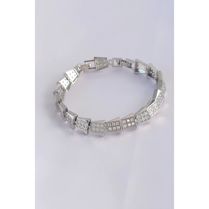 Vip Seri Pirinç Zirkon Taşlı Gümüş Renk Geometrik Bileklik