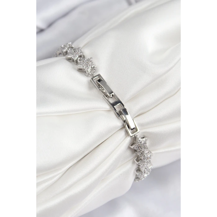 VIP Seri Pirinç Zirkon Taşlı Sıralı Yıldız Model Gümüş Renk Kadın Bileklik