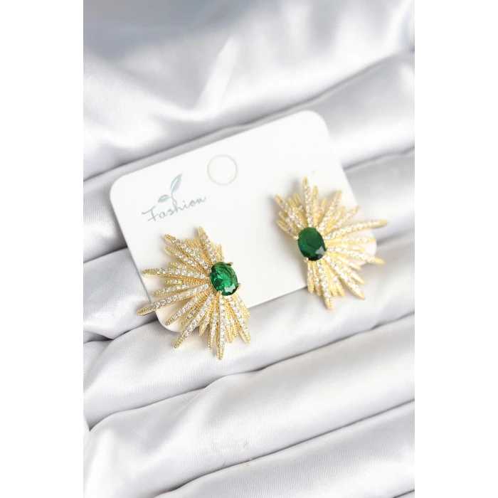 Yeşil Taş Detaylı Zirkon Taşlı Gold Renk Pirinç Kadın Küpe