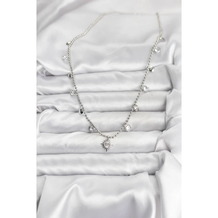 Zirkon Taşlı Kutup Yıldızı Model Pirinç Gümüş Renk Kadın Kolye