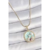 316L Çelik Gold Renk Zincir Mavi Mineli İnci Çiçek İşlemeli Zirkon Taş Detaylı Madalyon Model Kadın Kolye