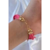 Pembe Renk Zirkon Taşlı Metal Aksesuarlı İpli Çoklu Bileklik