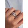 Pirinç Ayarlamalı Gümüş Renk Zirkon Taşlı 2li Görünüm Fiyonk Yüzük