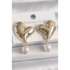 Pirinç Gold Renk Kalp Model Sallantı İnci Detay Kadın Küpe