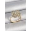 Pirinç Gold Renk Zirkon Taşlı Yonca Model Ayarlanabilir Kadın Yüzük