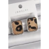 Pirinç Gümüş Renk Leopar Desenli Kare Model Kadın Küpe