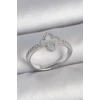 Pirinç Gümüş Renk Zirkon Taşlı Beyaz Mineli Yonca Model Ayarlanabilir Kadın Yüzük