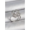 Pirinç Gümüş Renk Zirkon Taşlı Yonca Model Ayarlanabilir Kadın Yüzük