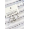 Pirinç Zirkon Taşlı Ay Ve Yıldız Model Gümüş Renk 3lü Çift Kadın Küpe Set