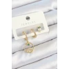 Pirinç Zirkon Taşlı Göz Ve Baykuş Model Gold Renk 3lü Çift Kadın Küpe Set