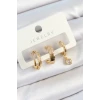 Pirinç Zirkon Taşlı Halka Model Gold Renk 3lü Çift Kadın Küpe Set