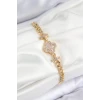 Pirinç Zirkon Taşlı Yonca Model Gold Renk Kadın Bileklik