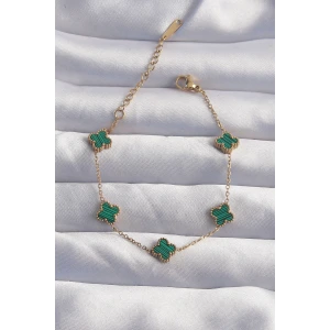 316L Çelik Baby Boy Gold Renk Çizgili Yeşil Mineli Yonca Bileklik