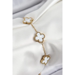 316L Çelik Beyaz Sedef Yonca Model Gold Renk Kadın Bileklik