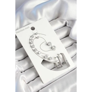 316L Çelik Dikdörtgen Figürlü Ve Zirkon Taşlı Gümüş Renk 7li Çift Kadın Küpe Set