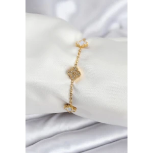 316L Çelik Gold Renk Beyaz ve Zirkon Taşlı Baby Boy Yonca Kadın Bileklik