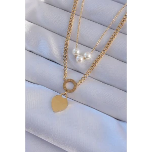 316L Çelik Gold Renk Çift Zincir İnci Detayı Love Kalp Kolye