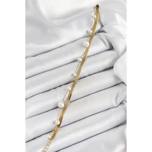 316L Çelik Gold Renk İncili ve İtalyan Zincirli Kadın Bileklik