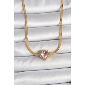 316L Çelik Gold Renk İtalyan Zincir Pembe Zirkon Taşlı Kalp Model Kadın Kolye