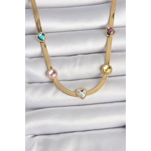 316L Çelik Gold Renk İtalyan Zincir Renkli Zirkon Taşlı Kalp Figür Kadın Kolye