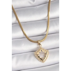 316L Çelik Gold Renk İtalyan Zincir Zirkon Taşlı Kutup Yıldız İşleme Kadın Kolye