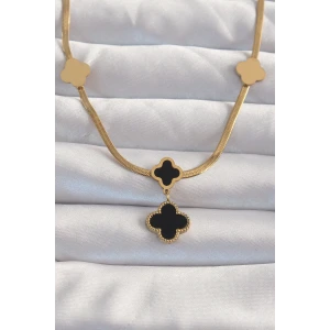 316L Çelik Gold Renk İtalyan Zincirli Mineli Yonca Kolye