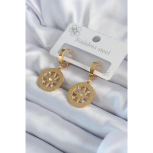 316L Çelik Gold Renk Kutup Yıldızı Model İşleme Detay Zirkon Taşlı Kadın Küpe