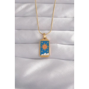 316L Çelik Gold Renk Mavi Mineli Güneş Model Tarot Kolye