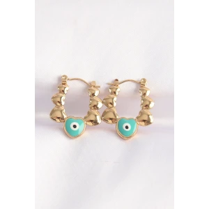 316L Çelik Gold Renk Mavi Nazarlı Kalpli Model Küpe