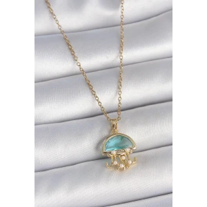 316L Çelik Gold Renk Mavi Taşlı Deniz Anası Model İnci Detay Kadın Kolye