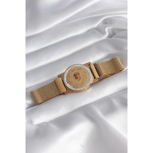 316L Çelik Gold Renk Mıknatıslı Hasır Zirkon Taşlı Çeyrek Altın Model Kadın Bileklik