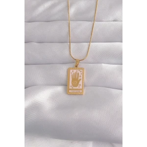 316L Çelik Gold Renk Pembe Mineli El Figür Tarot Kolye