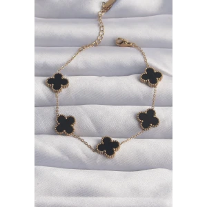 316L Çelik Gold Renk Siyah Mineli Yonca Bileklik