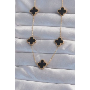 316L Çelik Gold Renk Siyah Mineli Yonca Kolye