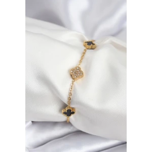 316L Çelik Gold Renk Siyah ve Zirkon Taşlı Baby Boy Yonca Kadın Bileklik