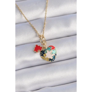 316L Çelik Gold Renk Yapboz Motif Kalp Figür Charm Model Kadın Kolye