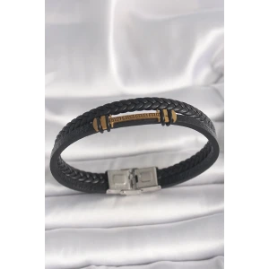 316L Çelik Gold Renk ZikZak İşlemeli Aksesuarlı Çift Sıra Burgu Desenli Deri Kordon Erkek Bileklik