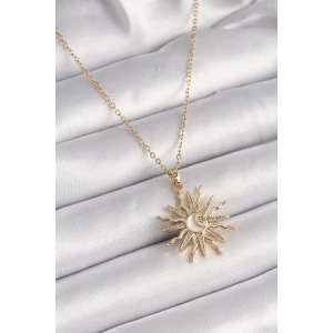 316L Çelik Gold Renk Zincir Renkli Zirkon Taşlı Sedefli Ay İşleme Detay Kadın Kolye