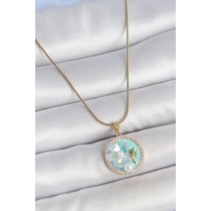 316L Çelik Gold Renk Zincir Zirkon Taş Detaylı Mavi Mineli Çiçek İşlemeli İnci Detay Kadın Kolye