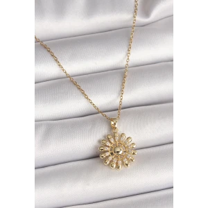 316L Çelik Gold Renk Zincir Zirkon Taşlı Güneş Model Kadın Kolye