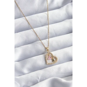 316L Çelik Gold Renk Zincir Zirkon Taşlı Kalp Model Kadın Kolye