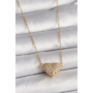 316L Çelik Gold Renk Zincir Zirkon Taşlı Mıknatıslı Kalp Model Kadın Kolye